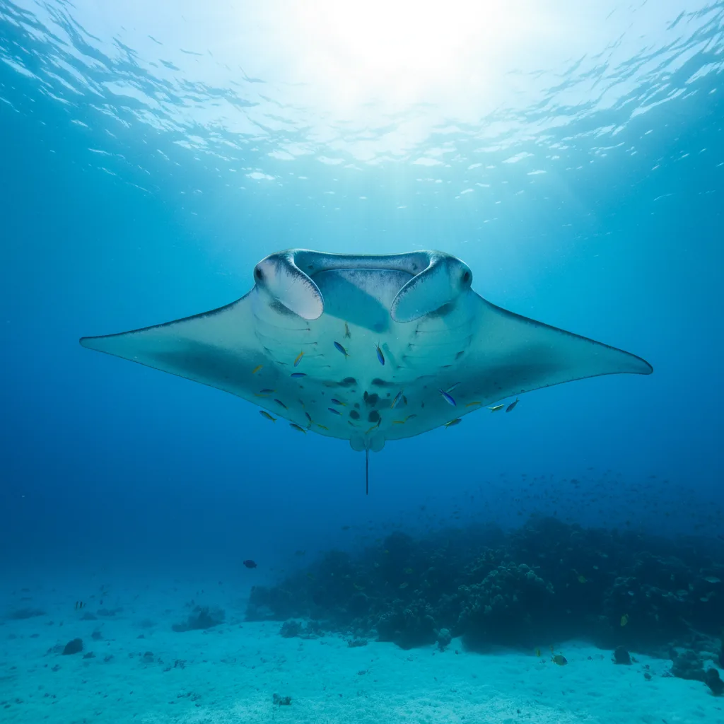 Manta ray approaching diver